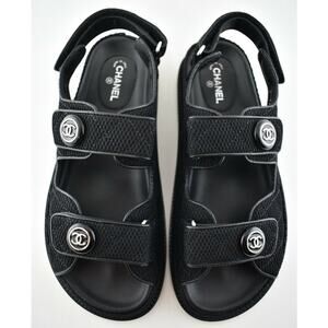 Chanel 21C Black Fabric Silver CC Logo Mule Slide Strap Flat Teva Dad Sandal 36